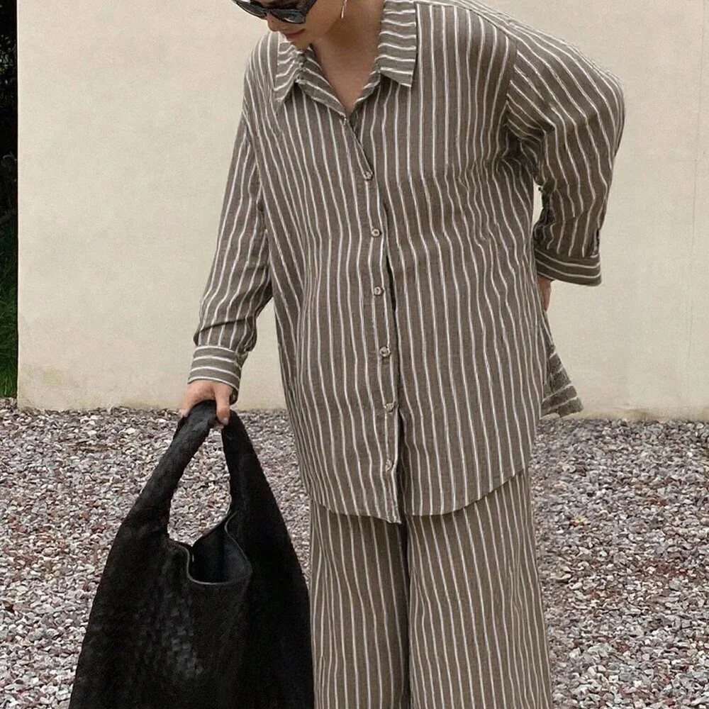 Brown Casual Women's Striped Shirt And Pants Set Lounge Sets